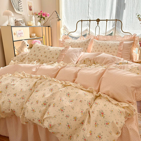 3pcs 100% Cotton Duvet Cover Set (1*Duvet Cover + 2*Pillowcase, Without Core), Korean lace Bedding Set, Soft Comfortable