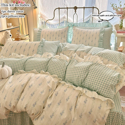3pcs 100% Cotton Duvet Cover Set (1*Duvet Cover + 2*Pillowcase, Without Core), Korean lace Bedding Set, Soft Comfortable